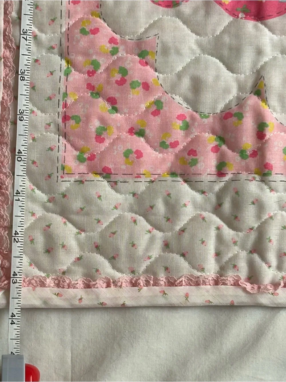 Vintage 70’s Baby Quilt /Giraffe, Rainbow, Teddy Bear 43” L X33”W - IT’S A GIRL